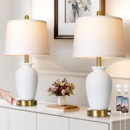 Set of 2 White Ceramic Modern Table Lamps with Ginger Jar Design - for Living Room,Dining Room,Bedroom,Office,Nightstand,End Table
