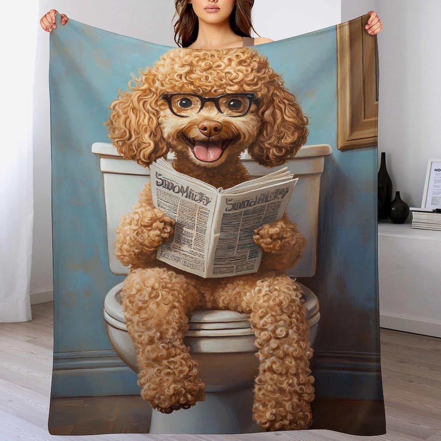 Goldendoodle on Toilet Reading Newspaper Funny Throw Blanket Flannel Cozy Plush Blankets for Couch Sofa Bedroom Travel