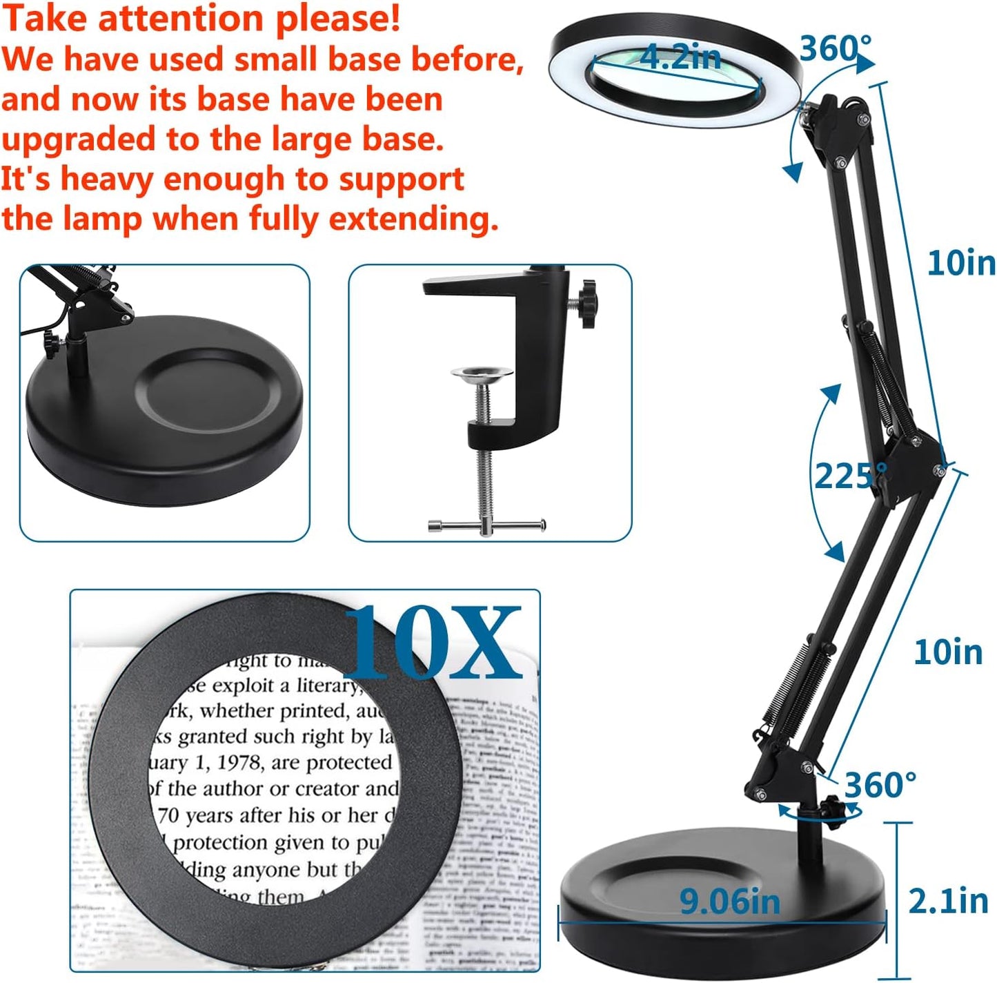 HITTI 10X Magnifying Glass with Light, 1,800 Lumens Stepless Dimmable, 3 Color Modes, 4.2″ Real Glass Lens LED Desk Lamp & Clamp, Magnifier Light and Stand for Crafts, Soldering, Fly Tying, Close Work