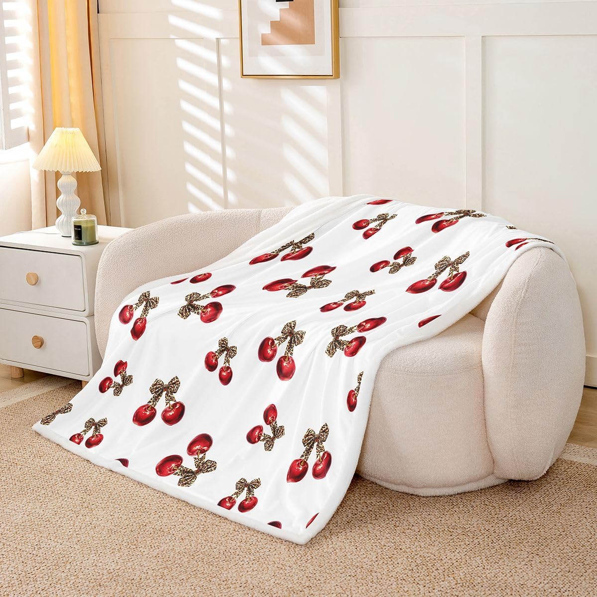 Feelyou Cherry Sherpa Throw Blanket for Couch Leopard Print Super Soft Cozy Fleece Cheetah Bow Blanket for Winter, Plush Throw Cute Cherry Gifts Throw 50"x60" All Season