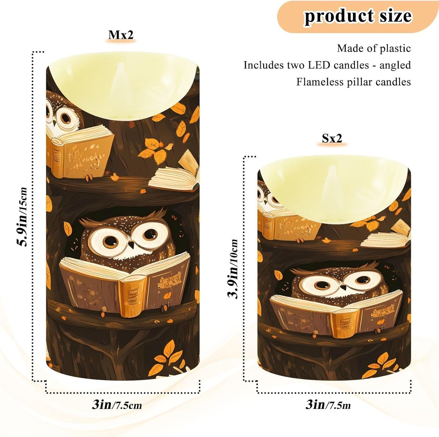 ALAZA Owl Reading Pattern Flameless Candles with Remote Timer,LED Flickering Battery Operated Electric Pillar Tea Light Candles for Wedding Table Christmas Decorations 3" x3.9"