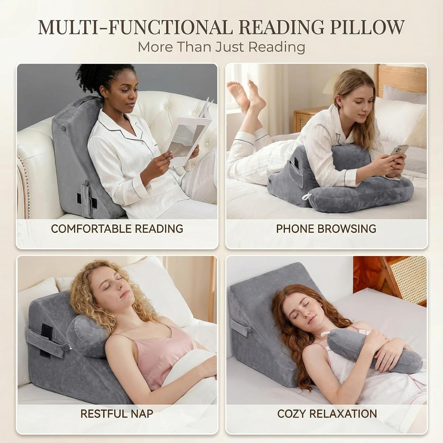 AS AWESLING 21 INCH Reading Pillow for Adults, Back Pillow for Bed Sitting Up, Backrest Pillow for Sitting in Bed, Detachable Arms with Built-in Cup & Phone Caddy (Gray, 21 INCH)