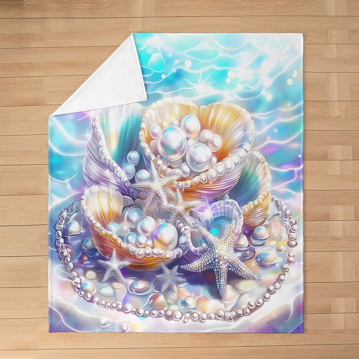 Starfish Pearl Shell Conch Bed Blanket All Seasons,Coastal Style Flannel Blanket for Room Decor,Beach Fleece Blanket for Kids,Super Soft Blanket,Twin 60"x80"
