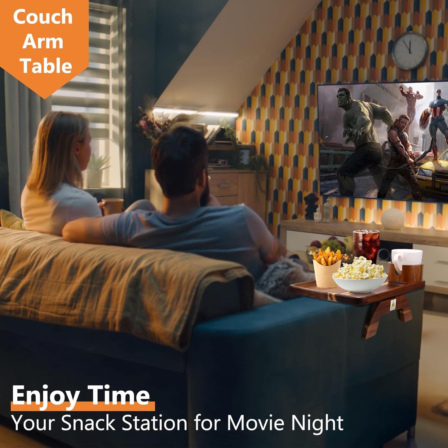 Couch Armrest Table Acacia with 360°Rotating Phone & Cup Holders,15.4" x 9.8", 3-in-1 Couch Arm Tray Clip-On Couch Tray for Drinks & Snacks