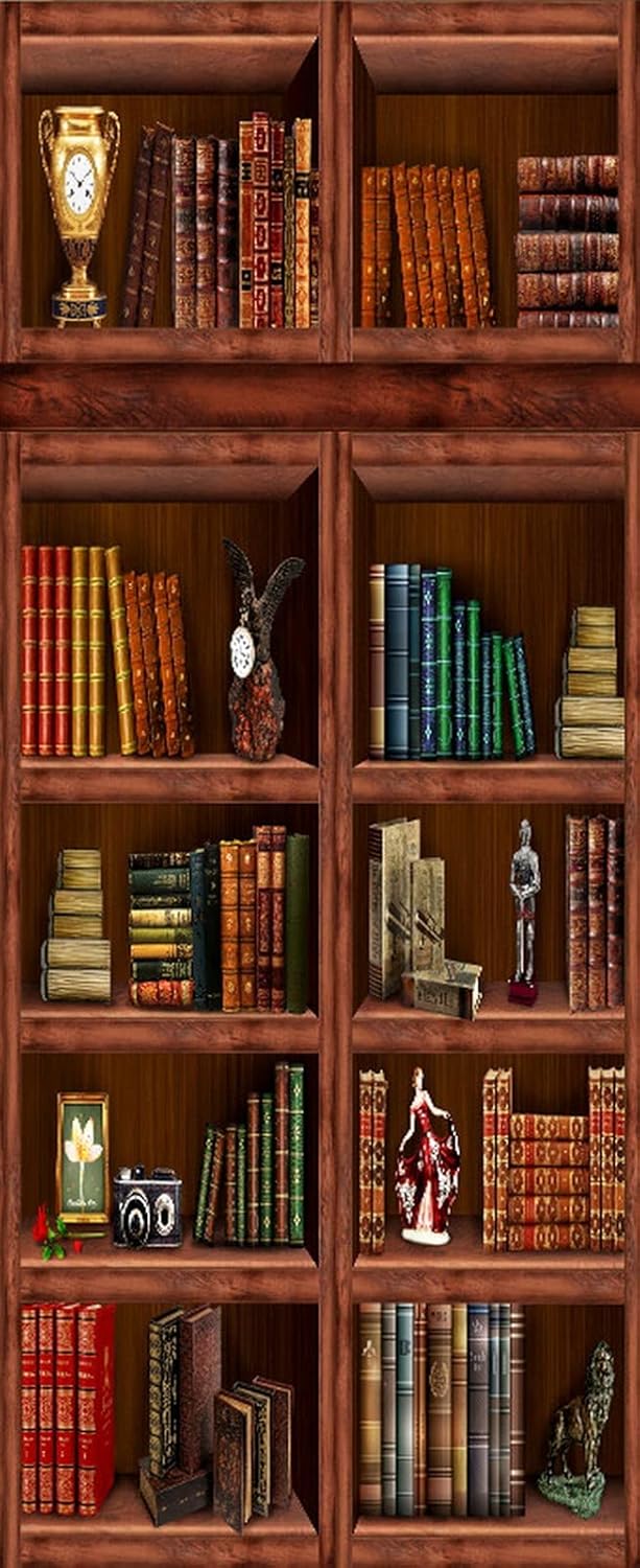 3D Door Stickers for Interior Doors Retro Bookshelf Book Cabinet in Study Room Vinyl Waterproof Self Adhesive Door Mural Decals for Bedroom Office Bathroom 85 x 215 cm