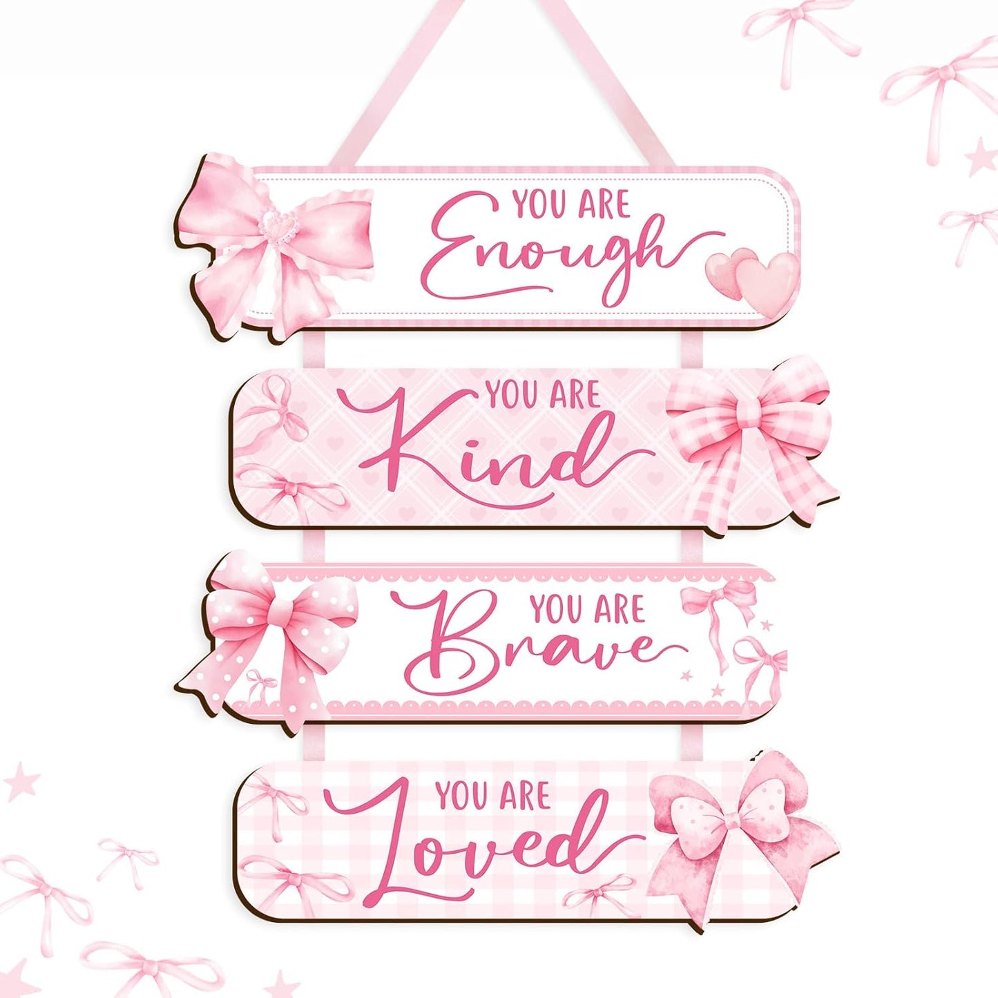 Girl Room Decor Wooden Wall Hanging Signs, Inspirational Quotes Wall Art with Bow Design, You Are Enough Kind Brave Loved, Bedroom Dorm Decor for Girls