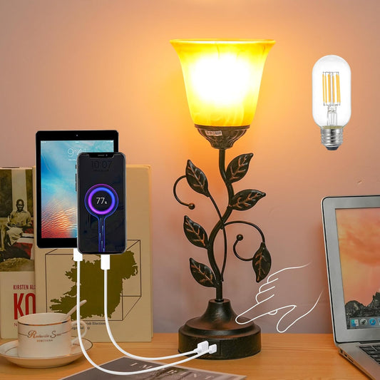 Touch Control Table Lamp Vintage Leaf Vine Lamp Decorative Bedside Lamp Dimmable Desk Lamp with USB A and Type-C Charging Ports Amber Glass Lampshade Warm White Light LED Bulb Included