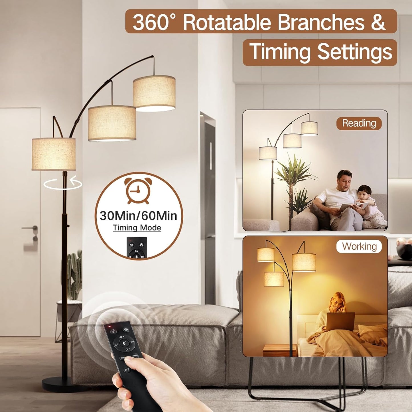 OUTON Arc LED Floor Lamp with Remote Control, Dimmable Modern Black 3 Light Arched Tall Floor Lamp, Mid Century Adjustable Standing Corner Lamps for Bedroom, Office, Living Room, Beige Lampshade