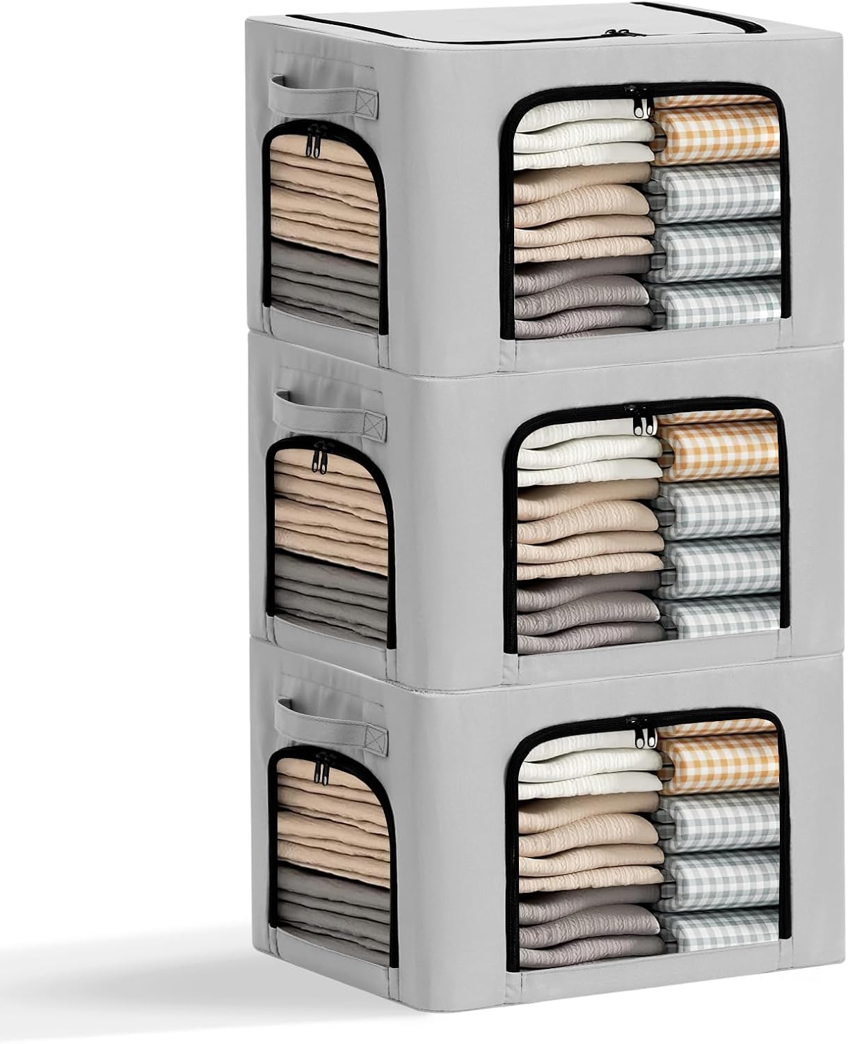3-Pack Clothes Organizer Bins with Metal Frame, Foldable 40L Linen Storage Boxes with Lids, Clear Windows, Zippers & Durable Handles (Light Gray)