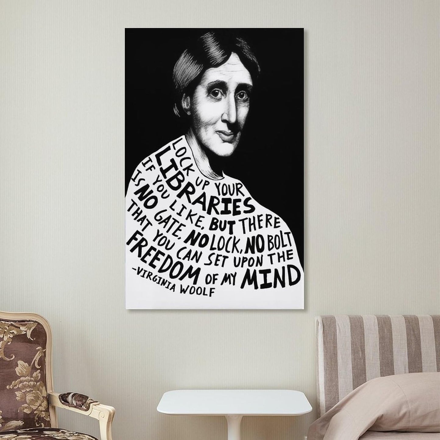 Virginia Woolf Library Freedom Quote Illustration Canvas Printing Wall Art Black White Portrait Typography Feminist Literature Prints Reading Nook Posters Book Lover Wall Decor 12x18inch(30x45cm)