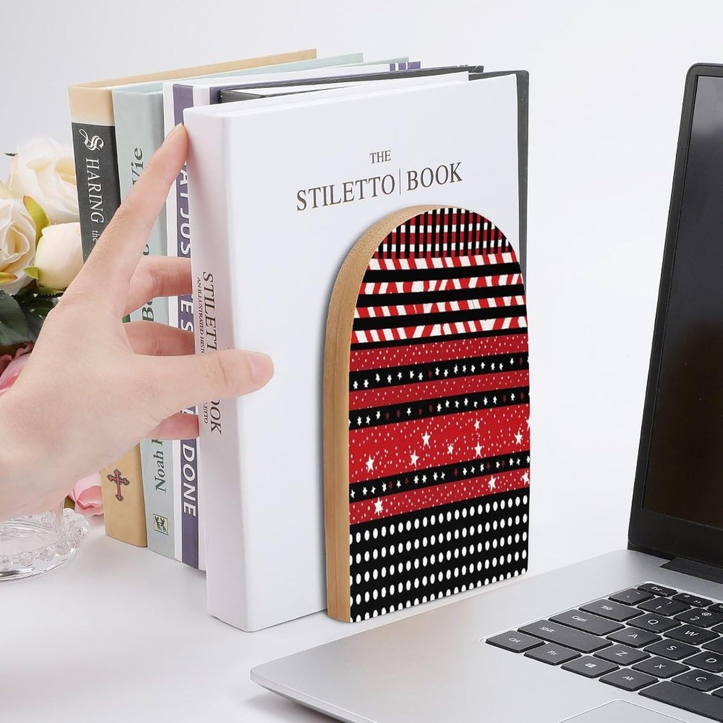 Striped Polka Dot Stars Wooden Bookend Non-Slip Book Ends Heavy Duty Book Stopper with Metal Base Books Holderd Decorative Bookends Stands Firmly for Office Supplies