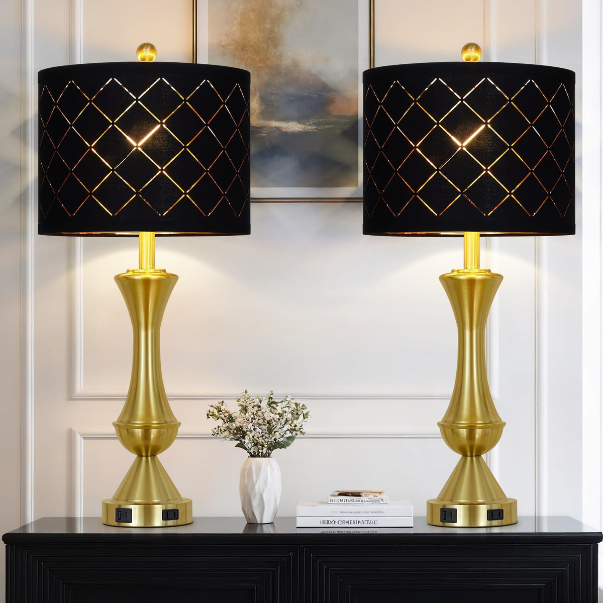 29" Gold Modern Table Lamps Set of 2, 3-Way Dimmable Touch Lamps for Nightstand with USB A+C & Outlets,Brass Lamps for Living Room, Bedroom, Nightstand, Entryway(2 Bulbs Included)