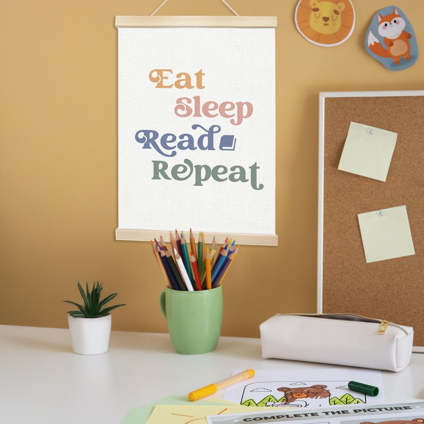 Voxitura Eat Sleep Read Repeat Poster Hanger Frame, Nursery Classroom Wall Decor Art Canvas for Book Lovers Library Reading Nook Corner, Educational Prints for Wall Hanging Decor Banner 12x16in