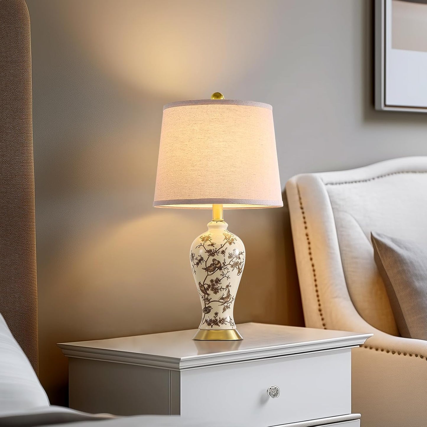 RORIA 24" Chinoiserie Ceramic Small Table Lamps Set of 2 for Living Room, Bird Pattern Branch Traditional Table Lamp for Bedroom Nightstand Entryway, 2 LED Bulbs Included