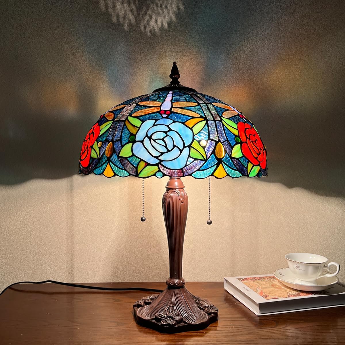 Tiffany Style Table lamp, Dragonfly & Rose Stained Glass Desk Light - Antique 16” Large Nightstand Bedside Reading Light for Living Room Bedroom Office