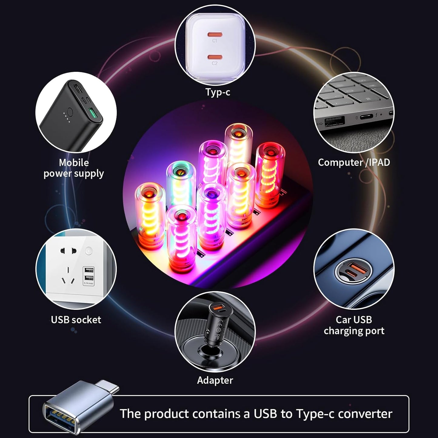 USB Light for Car, Retro Car Interior Lights with USB C Adapter - Vintage Touch-Dimmable LED Ambient Lighting - Mini Decorative Light for Auto, Home and Praty (Clear-Purple)