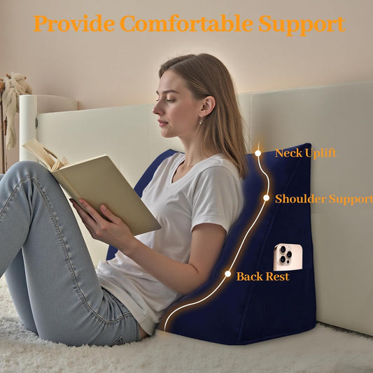 Wedge Headboard Pillow Reading Backrest Pillows for Sitting in Bed Sofa Dorm with Removable Cover Side Pockets Dutch Velvet Fabric Dark Blue