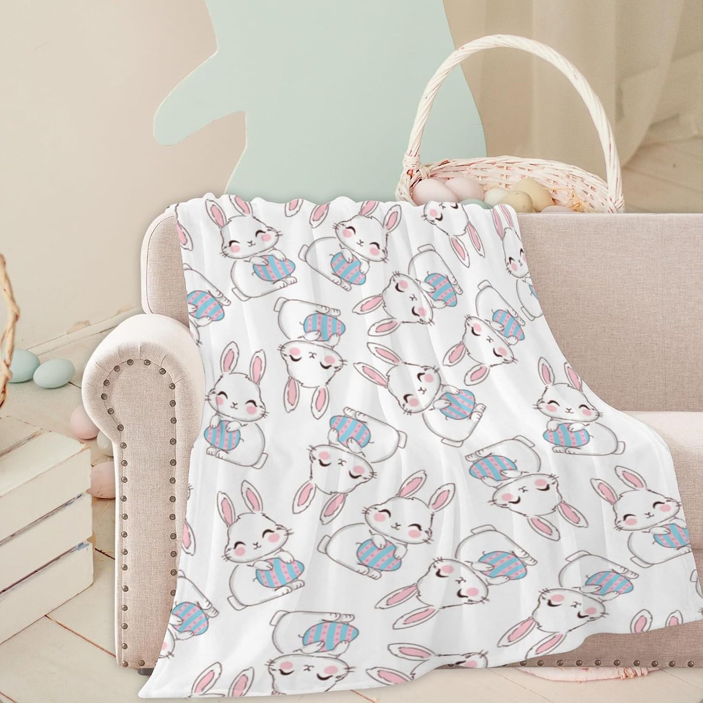 Happy Easter Bunnies Eggs Flannel Blanket, Cute Soft Lightweight Throw Fleece Blanket, Anti-Pilling 50X 60 in Women Throw Blanket for Bed Sofa Couch Camping Travel