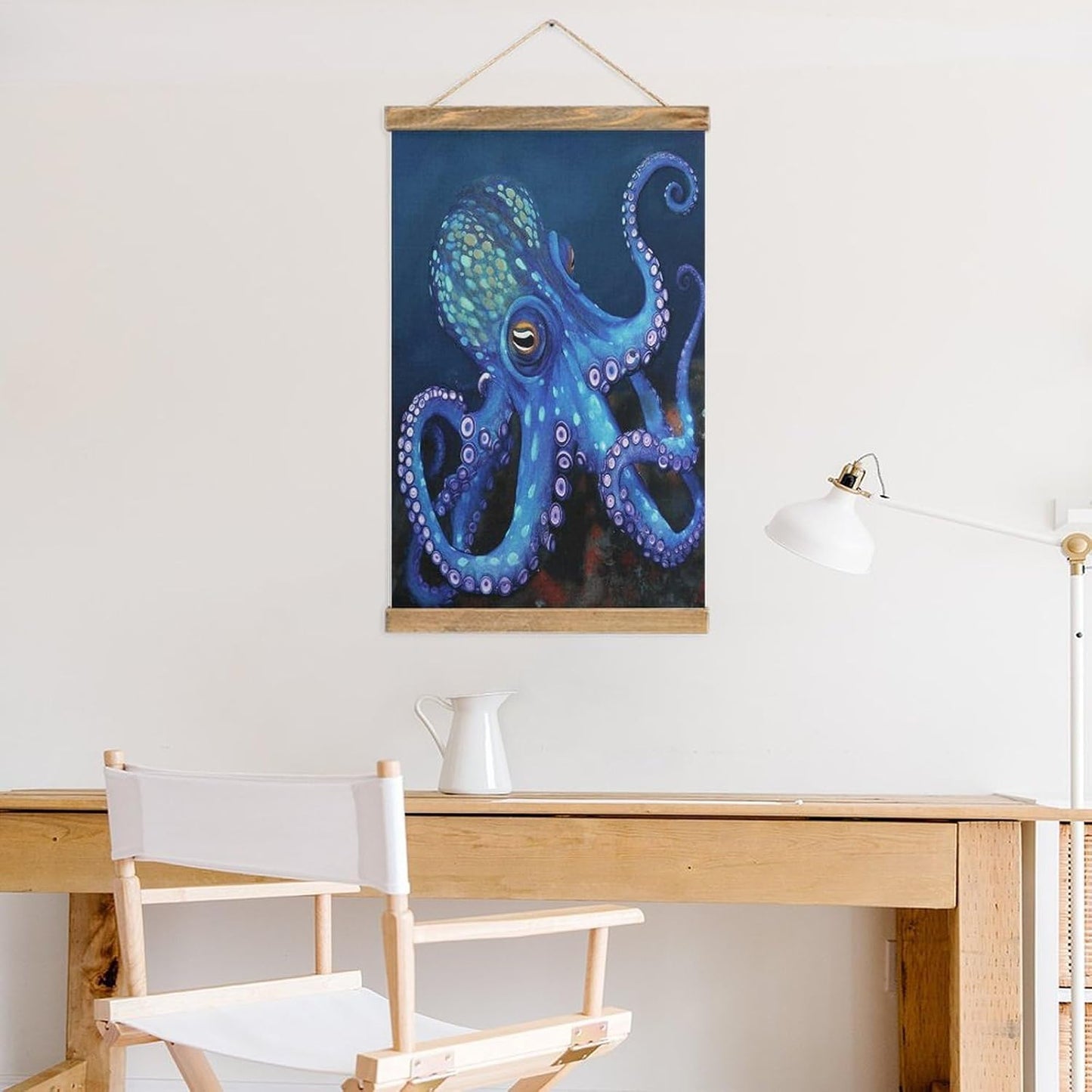 Vintage Blue Octopus Poster with Wooden Frame Personalized Linen Hanging Scroll Painting Rustic Wall Hanging Illustrative Modern Artwork Decor for Home Living Room Bedroom Office