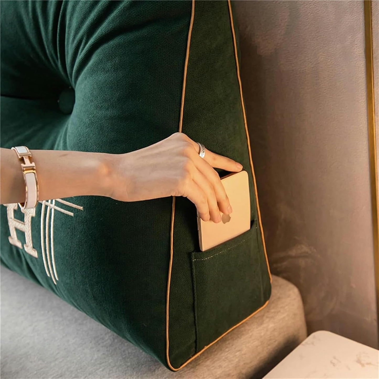 Bed Rest Reading Wedge Headboard Backrest Tufted Pillow, Large Bolster Triangular Headboard Pillow with Pocket and Removable Cover, Back Support Pillow for Sleeping