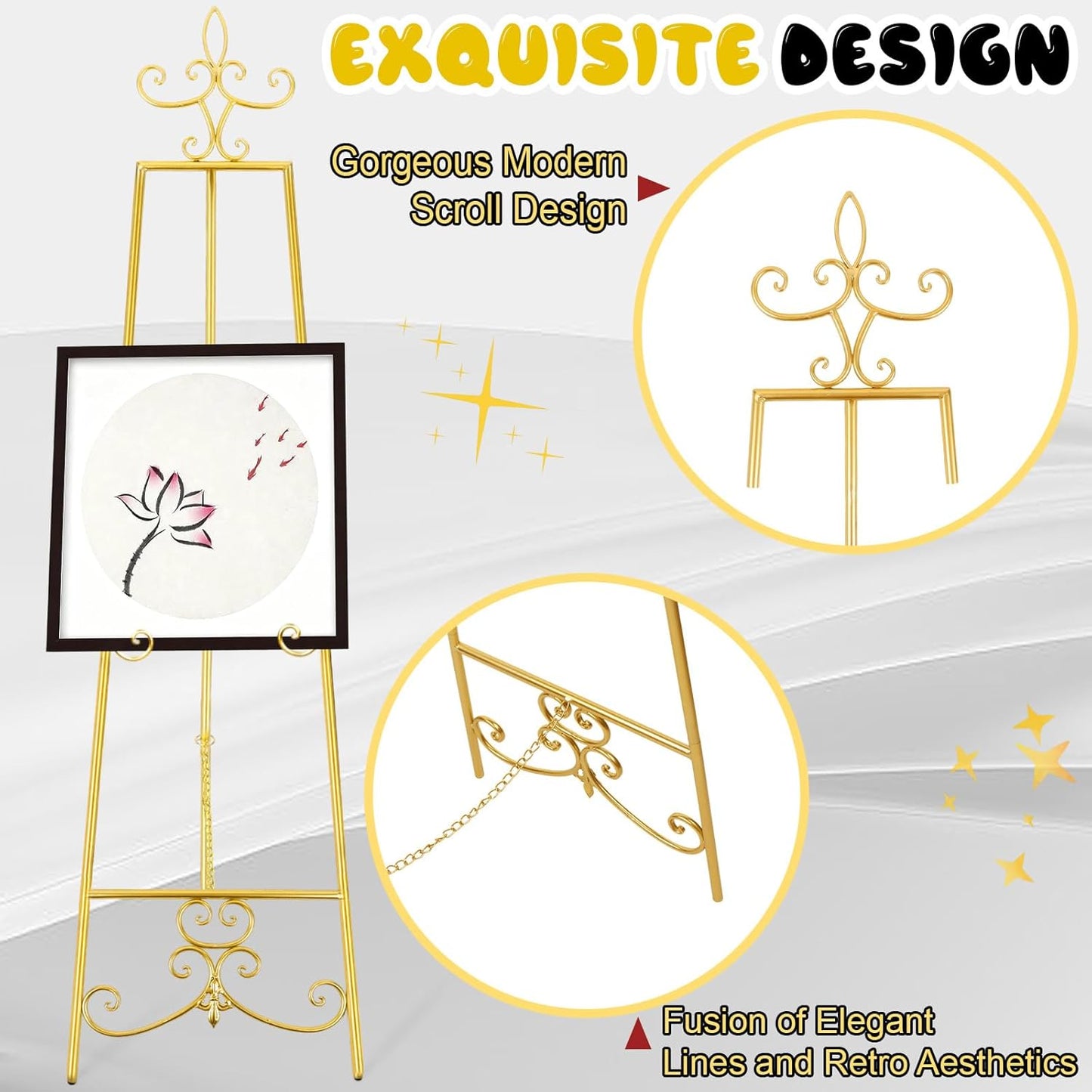 57'' Gold Easel Stand for Sign, Heavy Duty Metal Display Stand with Adjustable Chain, Vintage Decor Art Easel for Display, Picture Frame Stands for Wedding Welcome Sign Posters Painting