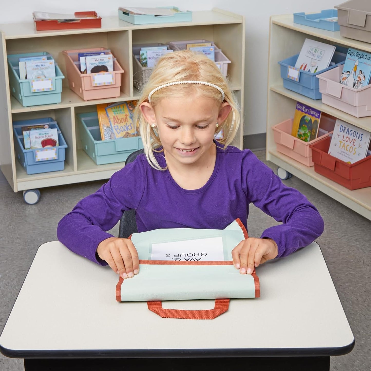 Really Good Stuff Store More Medium Book Pouch, Single, Mint, Stitched-On Handle, Clear Name Tag Pocket, Durable Fabric, Water Resistant, Send Home Books and Homework