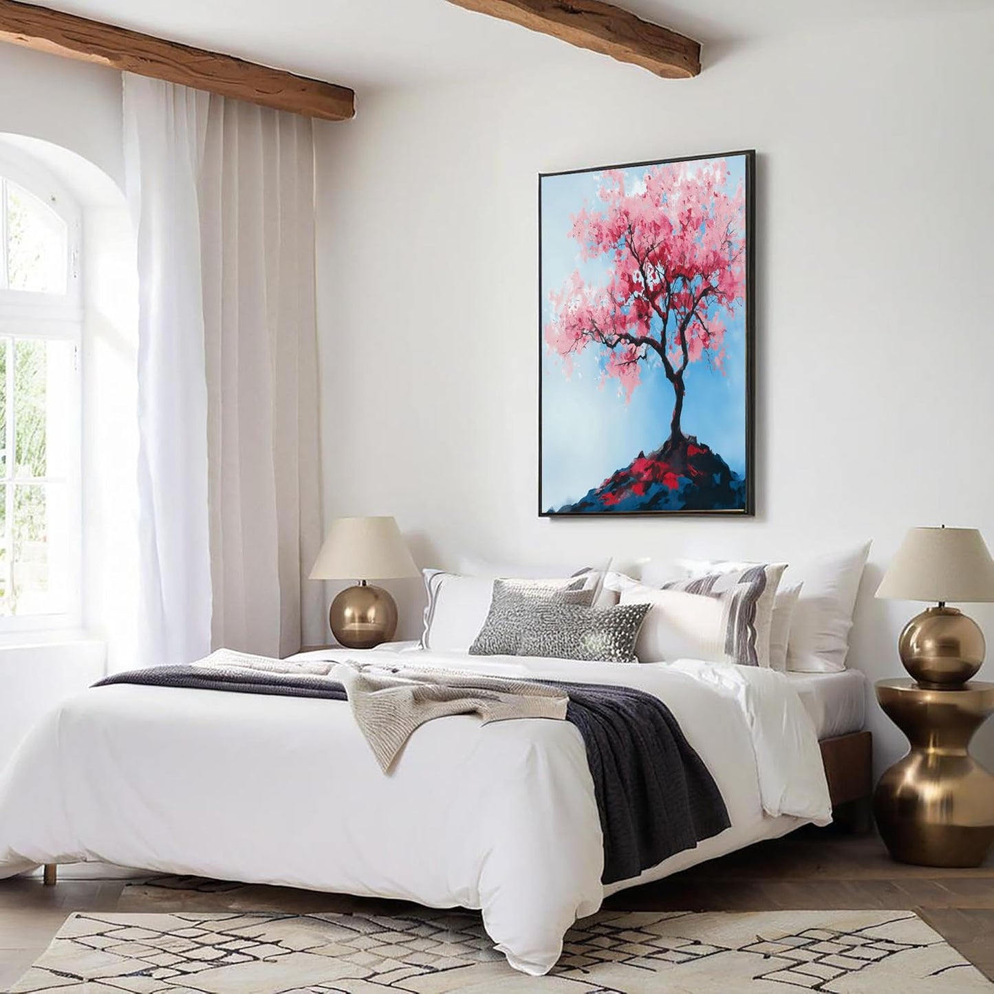 GDJSMIN Fantasy Ink Painting Wall Art, Pink Cherry Blossom Tree Poster For Reading Room Living Room Decor 16X 24 Inch Unframed