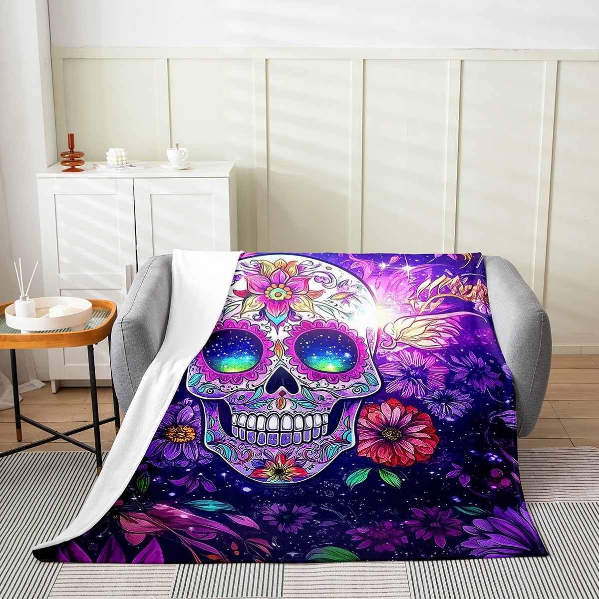 Erosebridal Sugar Skull Blanket Throw 50x60,Daisy Flower Floral Botanical Throw Blanket,Halloween Gothic Skeleton Bones Blossoms Flannel Fleece Blanket,Trippy Hippie Floral Skull Print Blanket,Purple