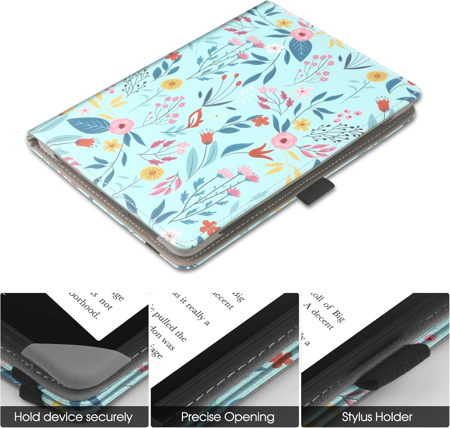 Universal Case for 6" eReaders, Folio Leather Stand Cover with Handstrap Compatible with All 6 inch Paperwhite/Kobo/Tolino/Pocketook E-Book Reader-Spring Bloom