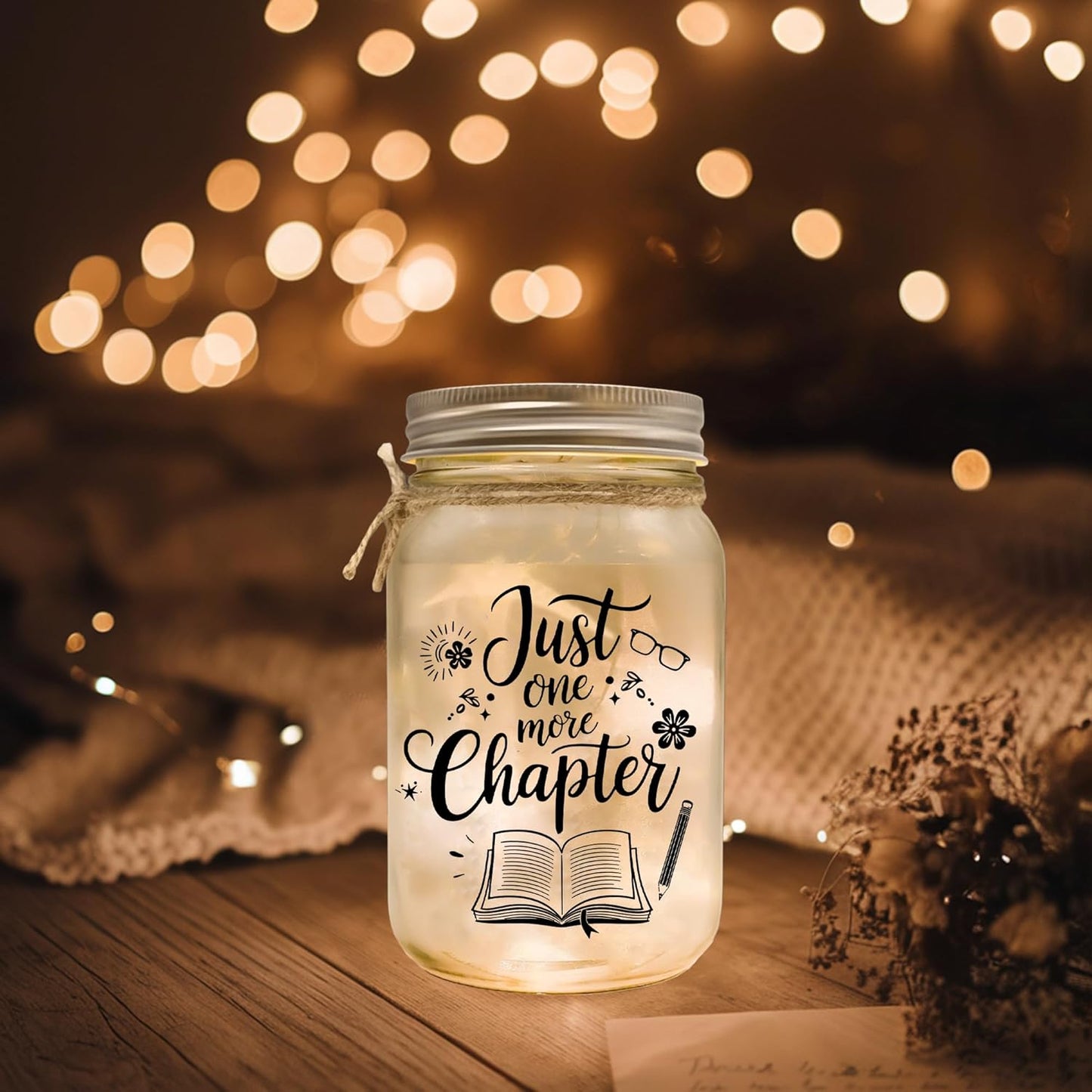 Just One More Chapter Mason Jar Night Light Reading Gifts for Book Lovers Women, Men - Librarian Gifts for Readers Reading Accessories for Book Lovers - Gift for Librarian On Fathers Day, Christmas