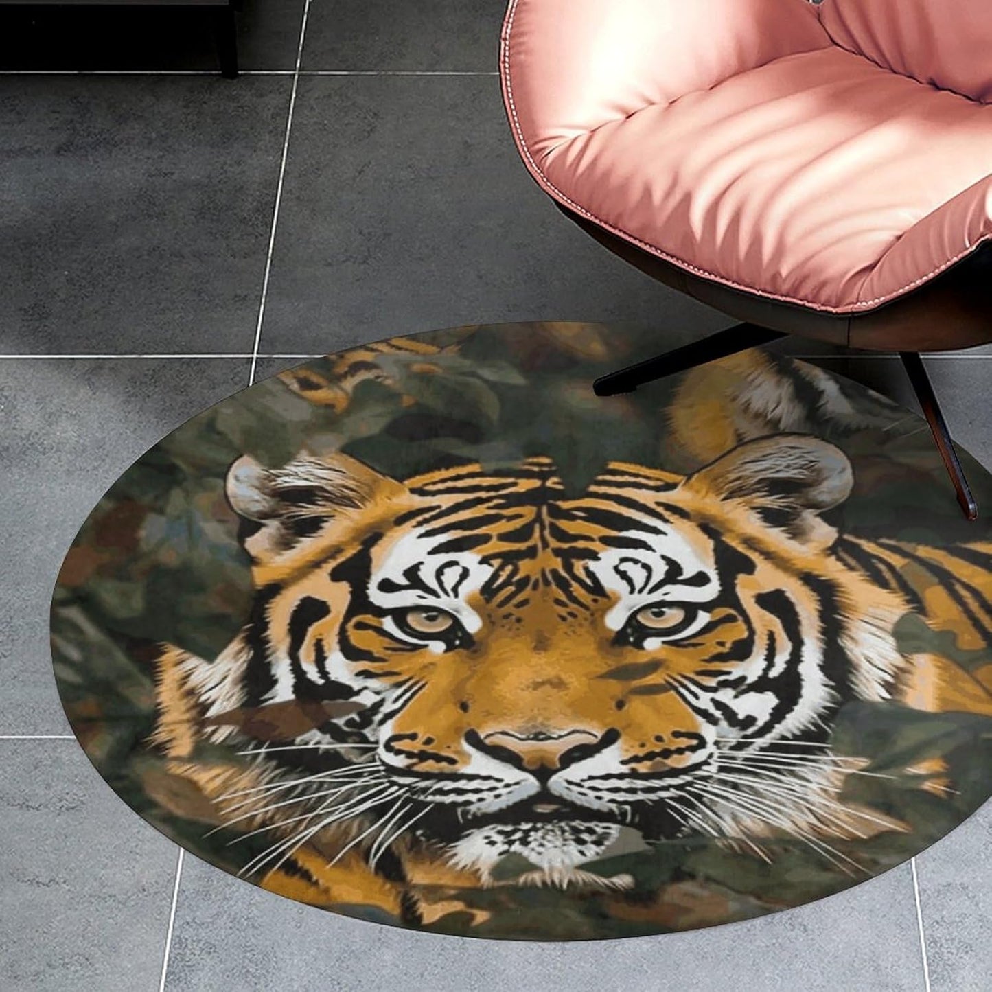 Camouflage Tiger Circle Rug Retro Luxury Coral Velvet Floor Mat Non Slip Soft Indoor Floor Carpet Comfy Thickened Area Rugs Modern Aesthetic Minimalist Carpets for Home Decor