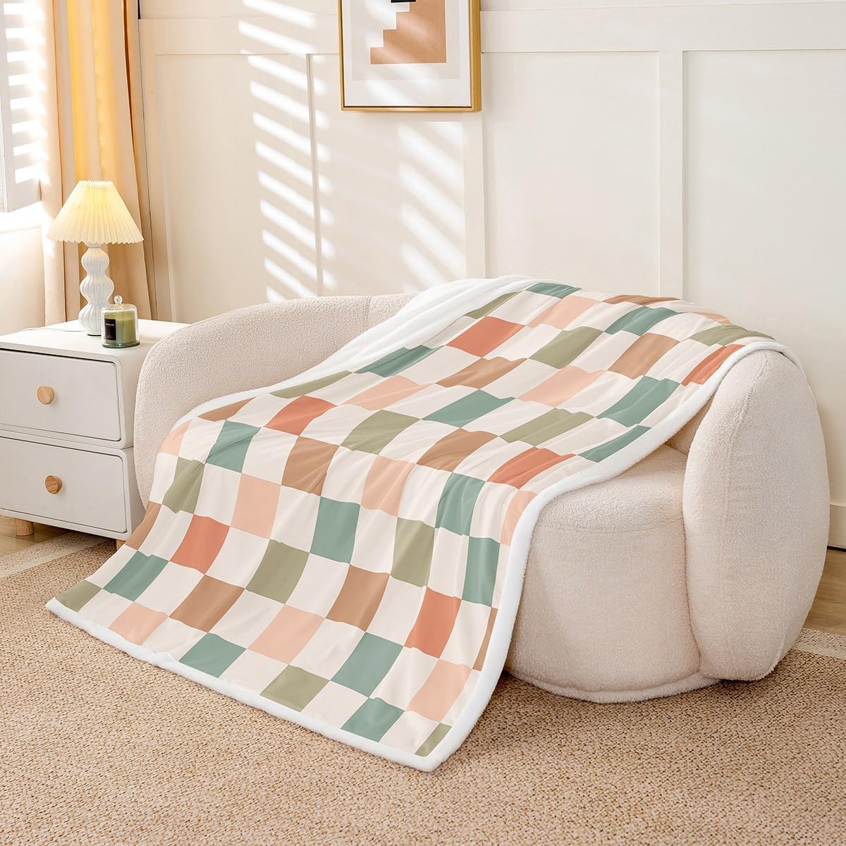 Feelyou Multicolored Checkered Retro Throw Blankets Kids Boys Girls Geometric Vintage Soft Cozy Fleece Blankets 50x60 Inches Ivory White Colorful Fleece Flannel Throws Modern Room Decor