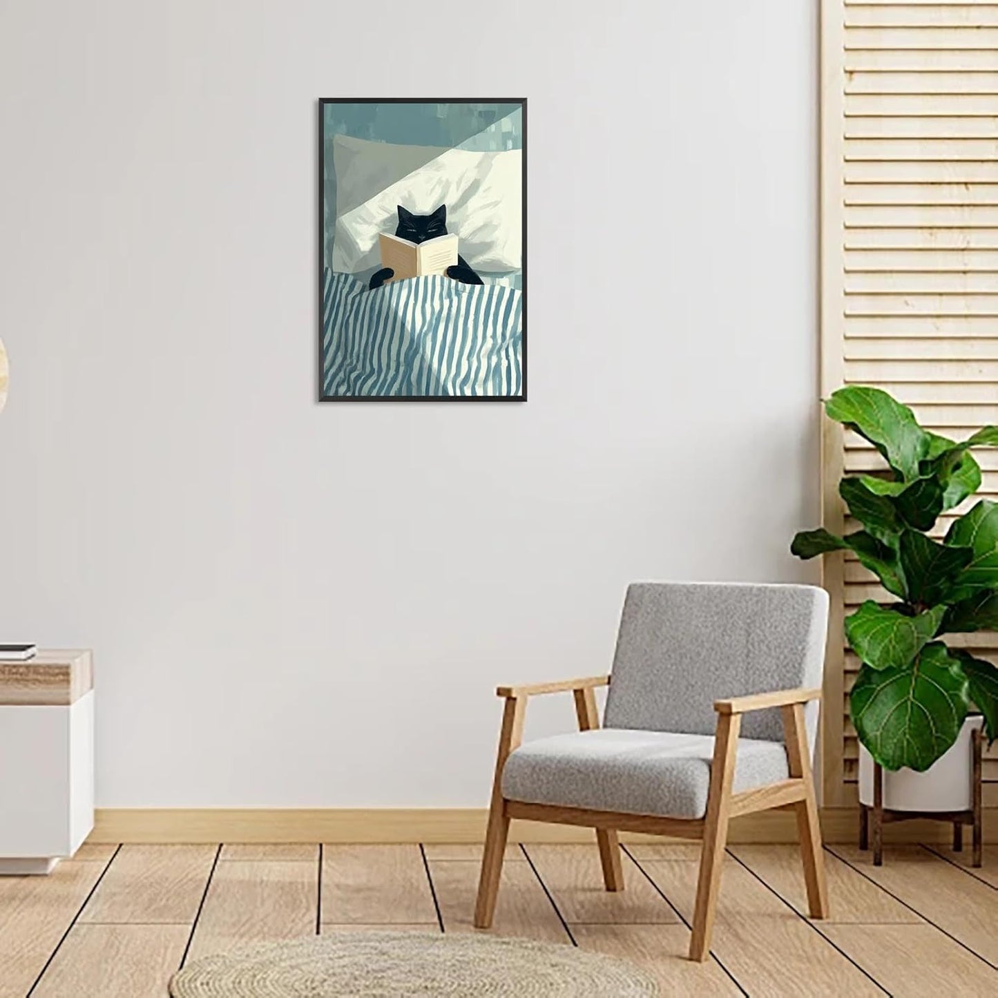 Funny Black Cat Reading Poster Trendy Animal In Bed Canvas wall art Minimalist abstract Pet Aesthetic watercolor Prints Painting For Living Room Bedroom Office Wall Decor 12x16in Unframed