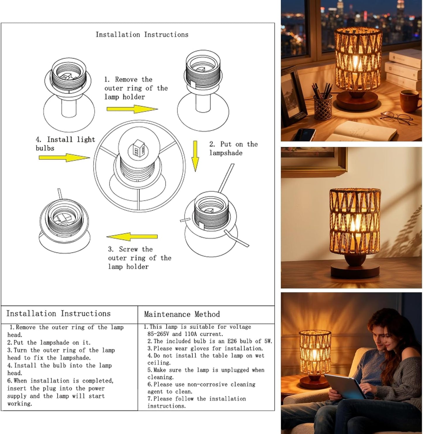 Handmade Rattan Lamp Farmhouse Table Lamp for Bedroom, Rustic Woven Lamps for Night Stands with Warm White LED Bulb, Boho-Inspired Boho Lamp for Living Room Kitchen Nook, 12cm Shade 20cm Height