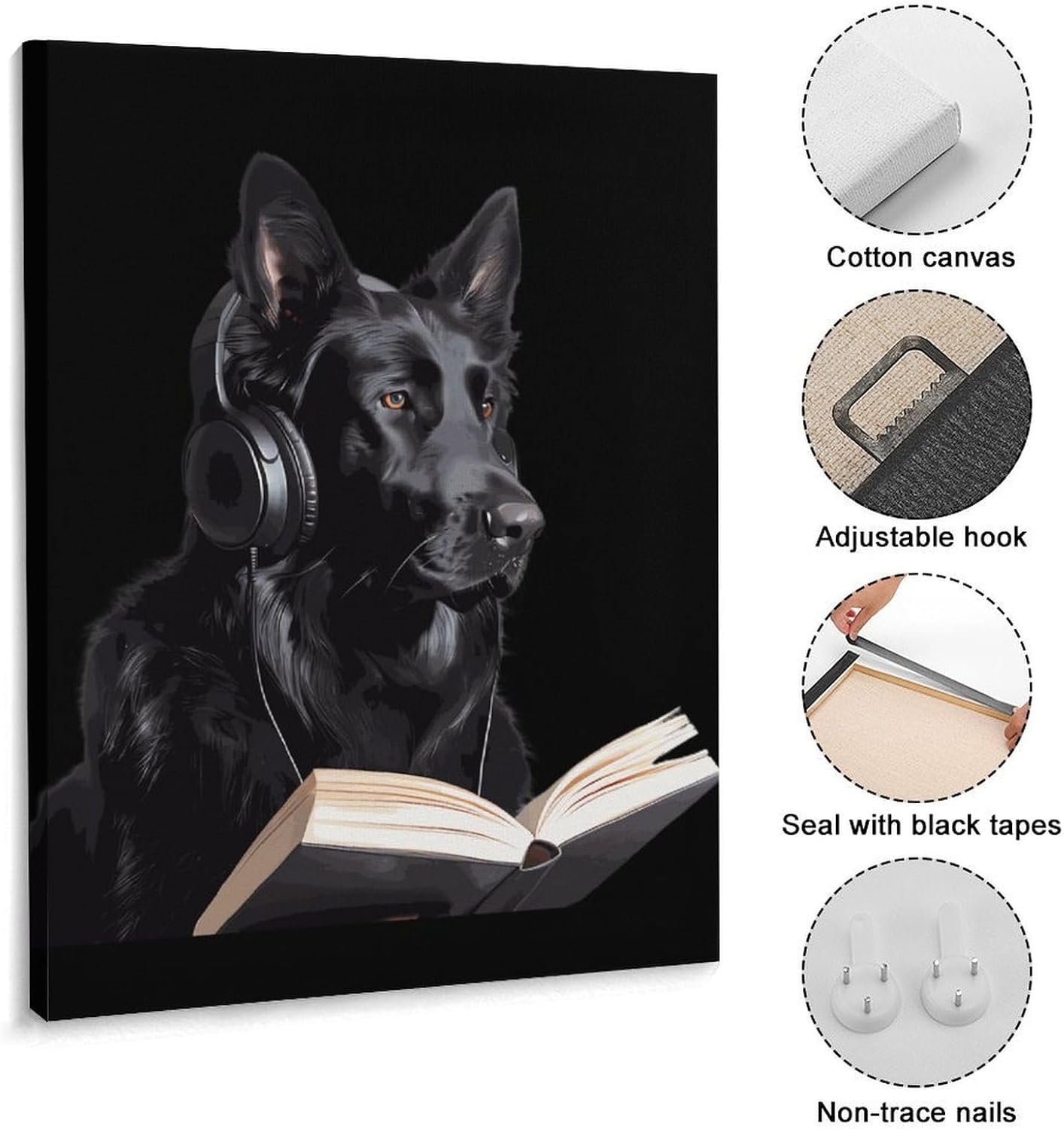 German Shepherd Wearing Headphones Reading Funny Canvas Poster Vertical Wall Art Artwork Picture Hanging Prints Painting Decoration for Living Room Home