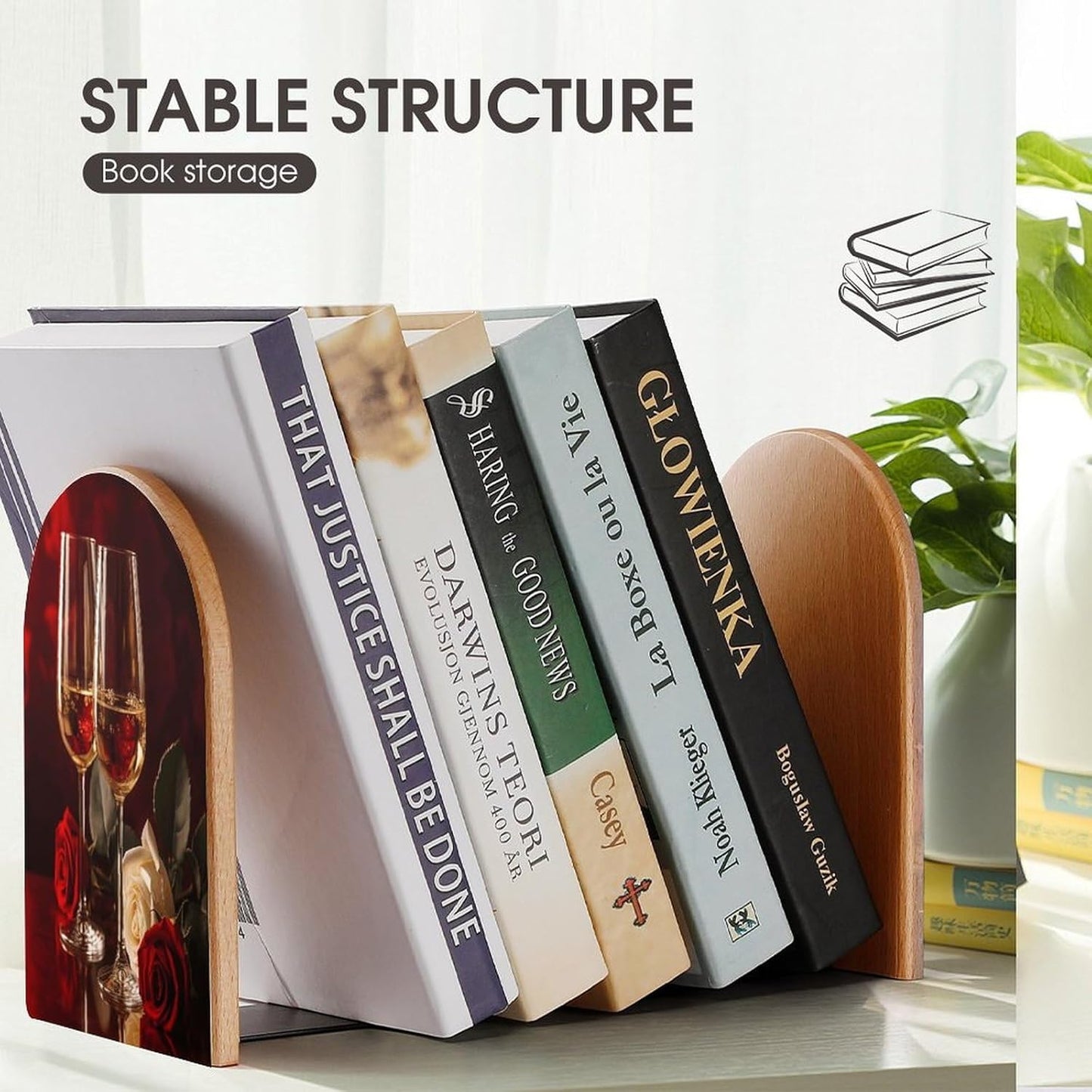 Two Glasses of White Wine Bookend for Shelves Wooden Book End Large Size Sturdy Book Holders Stoppers with Metal Base for Bookshelves Slick Decorative Bookends Stands