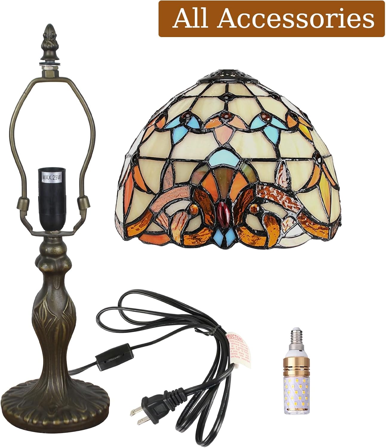 Table Lamp Tiffany Style 8 Inch Stained Glass Lampshades Small Bedside Lamp Reading Antique Desk Light Livingroom Bedroom Office Vintage Art Decor(Color:A-8)