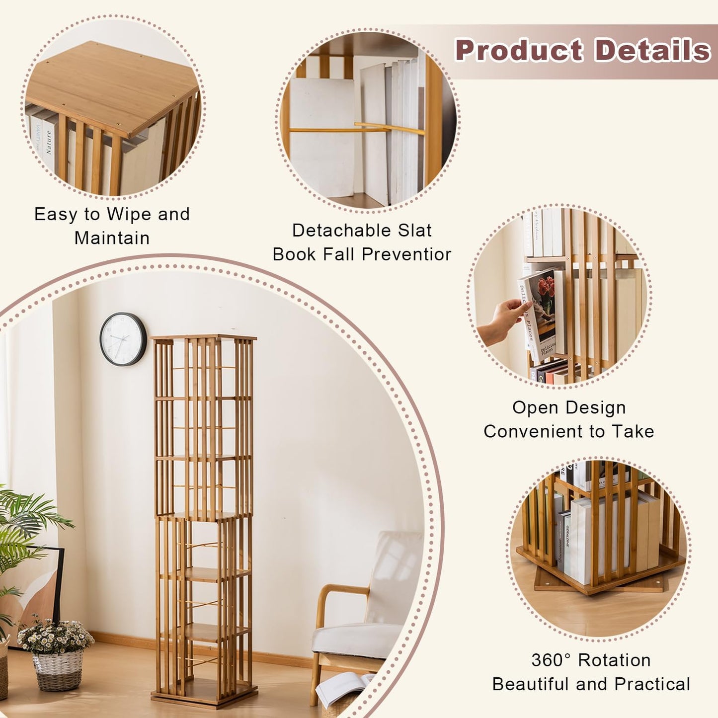 Bamboo Rotating Bookshelf Tower, 360° Spinning Bookcase, 6-Tier Narrow Floor Standing Storage Rack for Corner, Office, Room,Brown