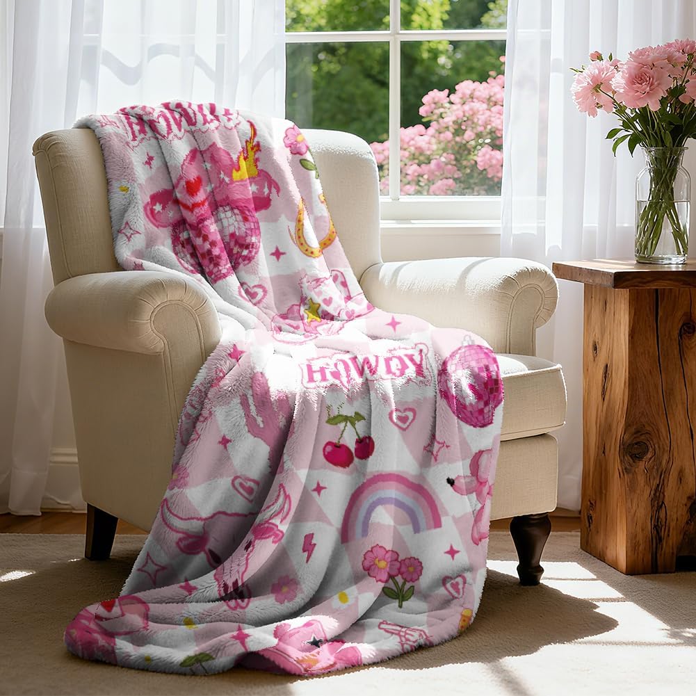WADORN Western Cowgirl Throw Blanket, Hot Pink Funky Groovy Blankets Gifts for Women Cowboy Hat Boots Fuzzy Soft Flannel Fleece Blanket for Bedroom Holiday Home Living Room Sofa Bed Couch, 50''x60''