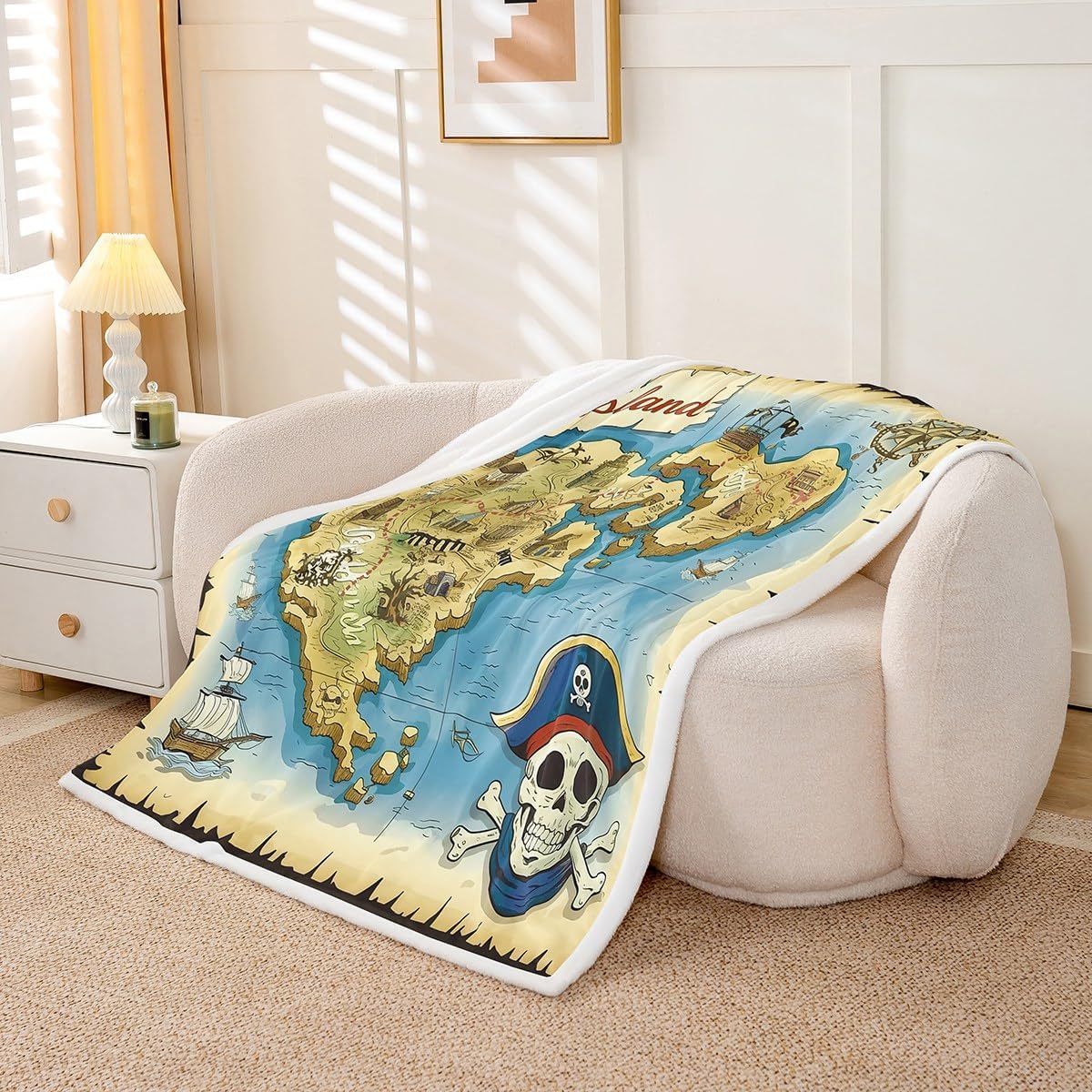 Feelyou Vintage Nautical Throw Blanket for Kids Boys Teens Pirate Treasure Map Blanket Skull Island Fleece Blankets Sea Adventure Sherpa Blanket,Room Decor Plush Blankets Throw 50"x60"