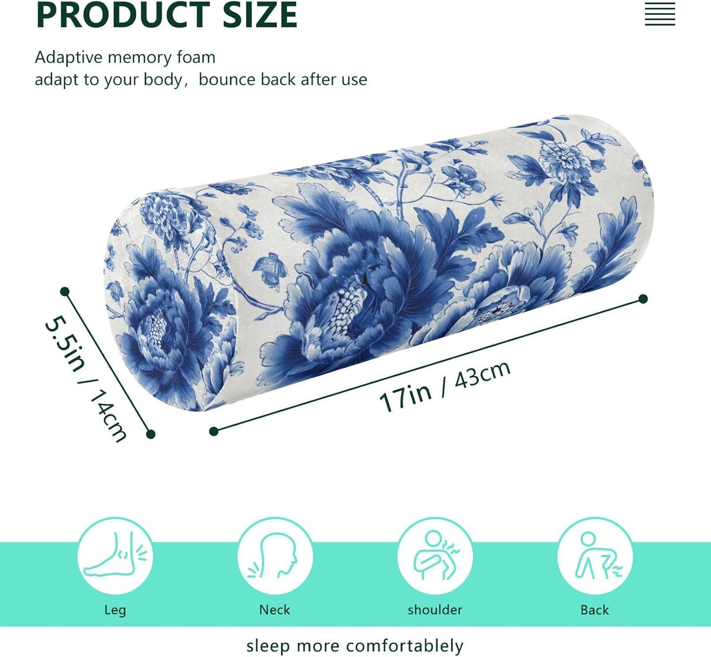 Blue and White Peony Flowers Butterfly Neck Roll Pillow Bolster Round Health Memory Foam Long Cervical Cylinder Pillows with Removable Washable Cover for Body Bed Legs Back Yoga