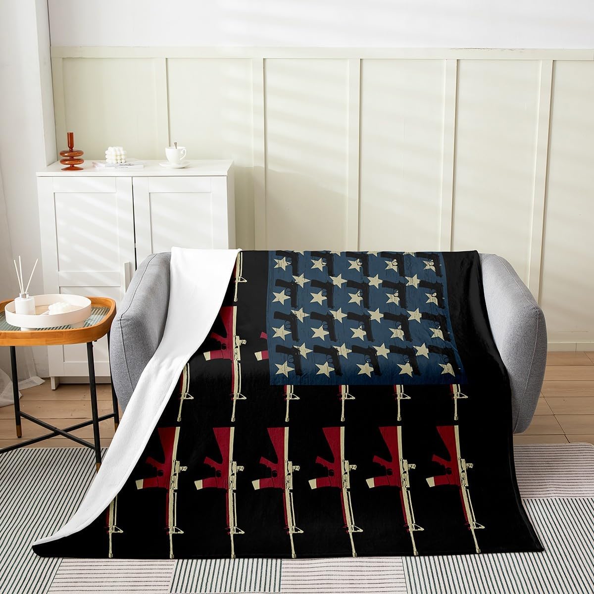 American Flag Bed Blanket Twin 60x80,Vintage Soldier Guns Blanket Military USA National Flag Throw Blanket Shooting Weapon Fleece Blanket Retro Army Weapons Stars and Stripes Theme Flannel Blanket