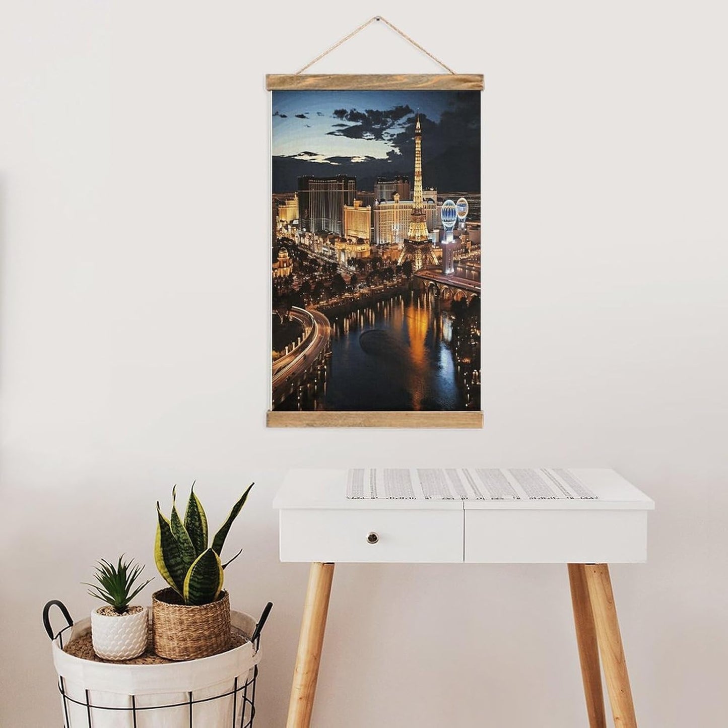 Vintage Las Vegas Night View Poster with Wooden Frame Personalized Linen Hanging Scroll Painting Rustic Wall Hanging Illustrative Modern Artwork Decor for Home Living Room Bedroom Office