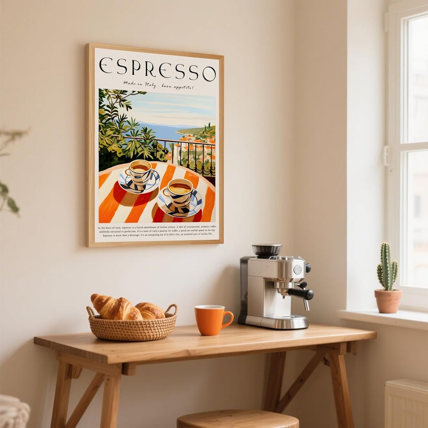 Trendy Espresso Coffee Wall Art Italian Coast Poster Breakfast Balcony View Canvas Print Vintage Cafe Wall Decor Aesthetics Italy Travel Painting for Kitchen Dining Room 16x24inch Wood Frame