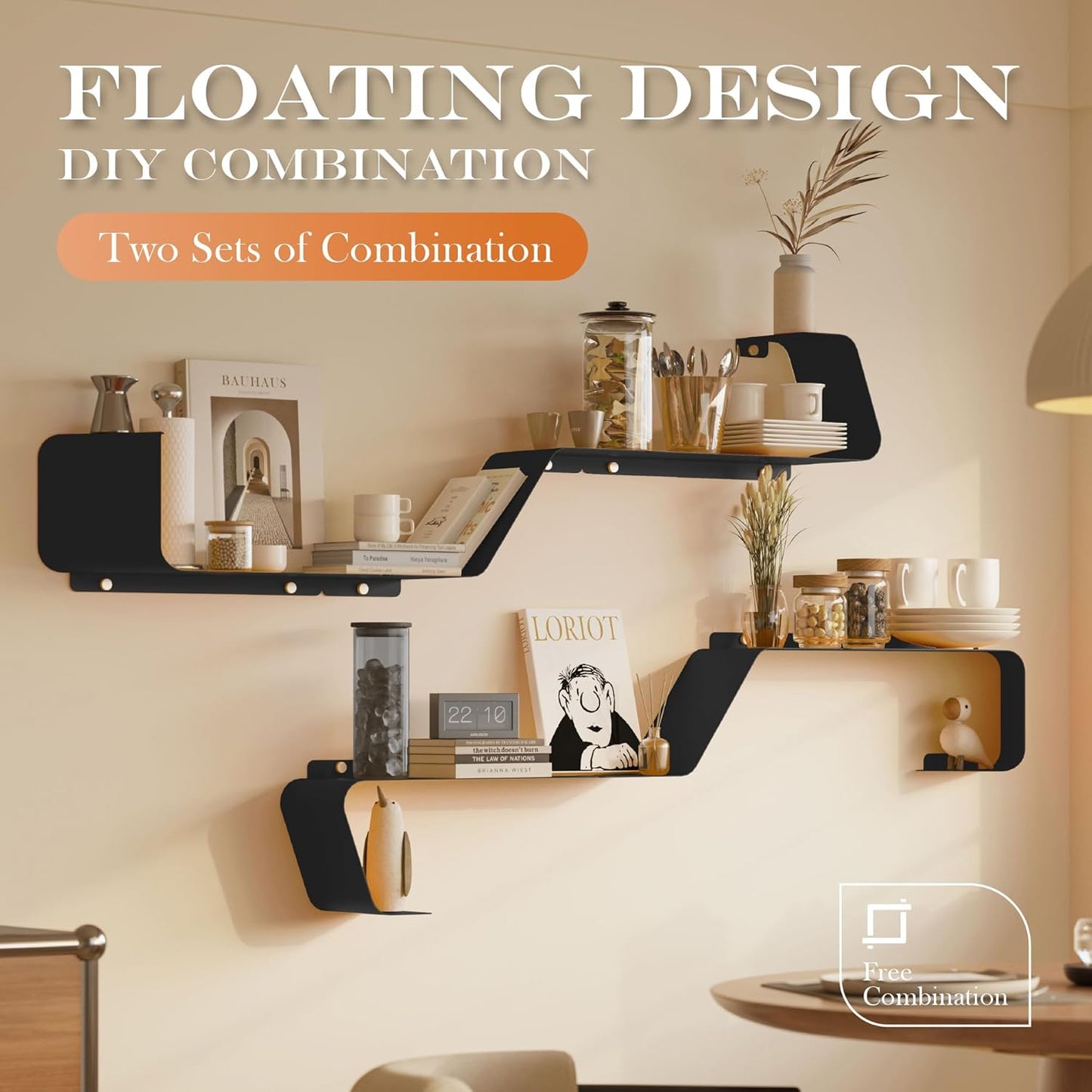 Floating Wall Shelves — Set of 3, Wall-Mounted Metal, Black