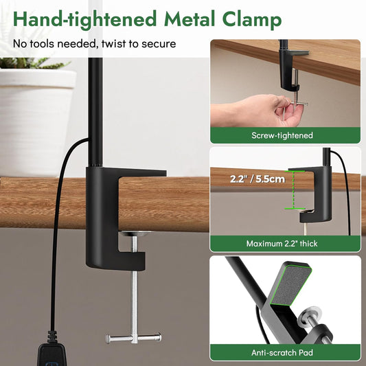 Clamp Lamp for Desk, Eye-Caring LED Clip Light, 27"Tall Flexible Arm, 3 Color Modes 10 Brightness, USB-Powered Task Lamp for Home Office Reading, Crafting, Sewing,5V/2A Adapter Included Black