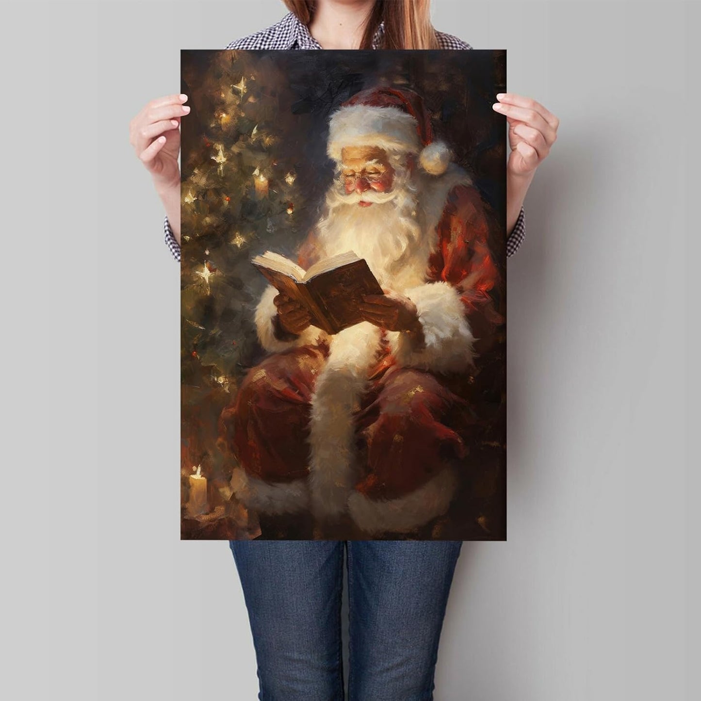 Wodkodnxy Vintage Christmas Canvas Wall Art, Santa Claus Reading Book Pictures for Wall Decor, Christmas Poster Santa Picture, Xmas Wall Decorations 16x24in Unframed