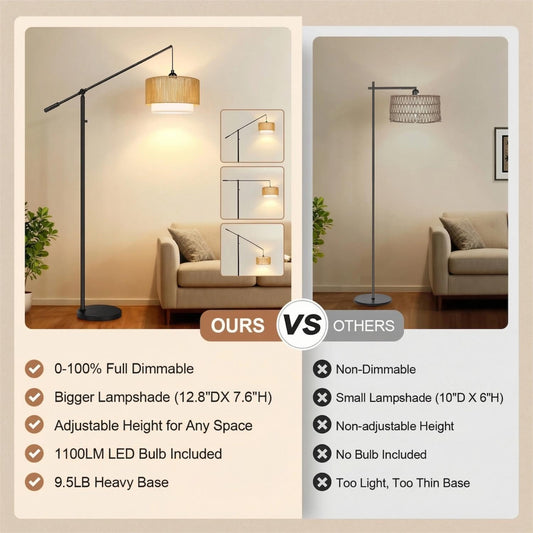 【Upgraded】Dimmable Boho Floor Lamp for Living Room, Modern Swing Arm Floor Lamp with Rattan & Fabric Shades, Black Rattan Standing Lamp with 11W Bulb, Farmhouse Adjustable Tall Lamp for Bedroom Office