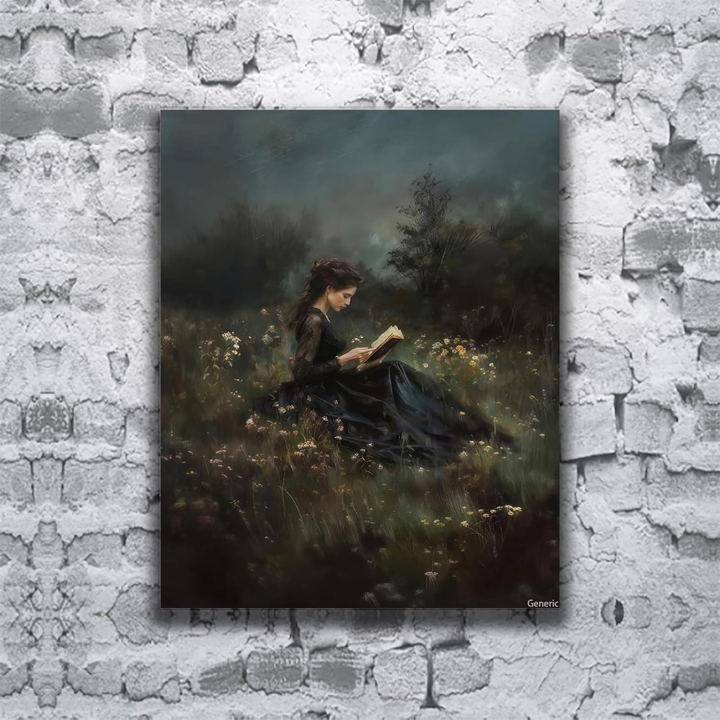 Moody Flower Field Book Wall Art, Dark Academia Wall Art, Victorian Woman Reading Bookish Painting, Book Lover Gift Framed, 8x10inch