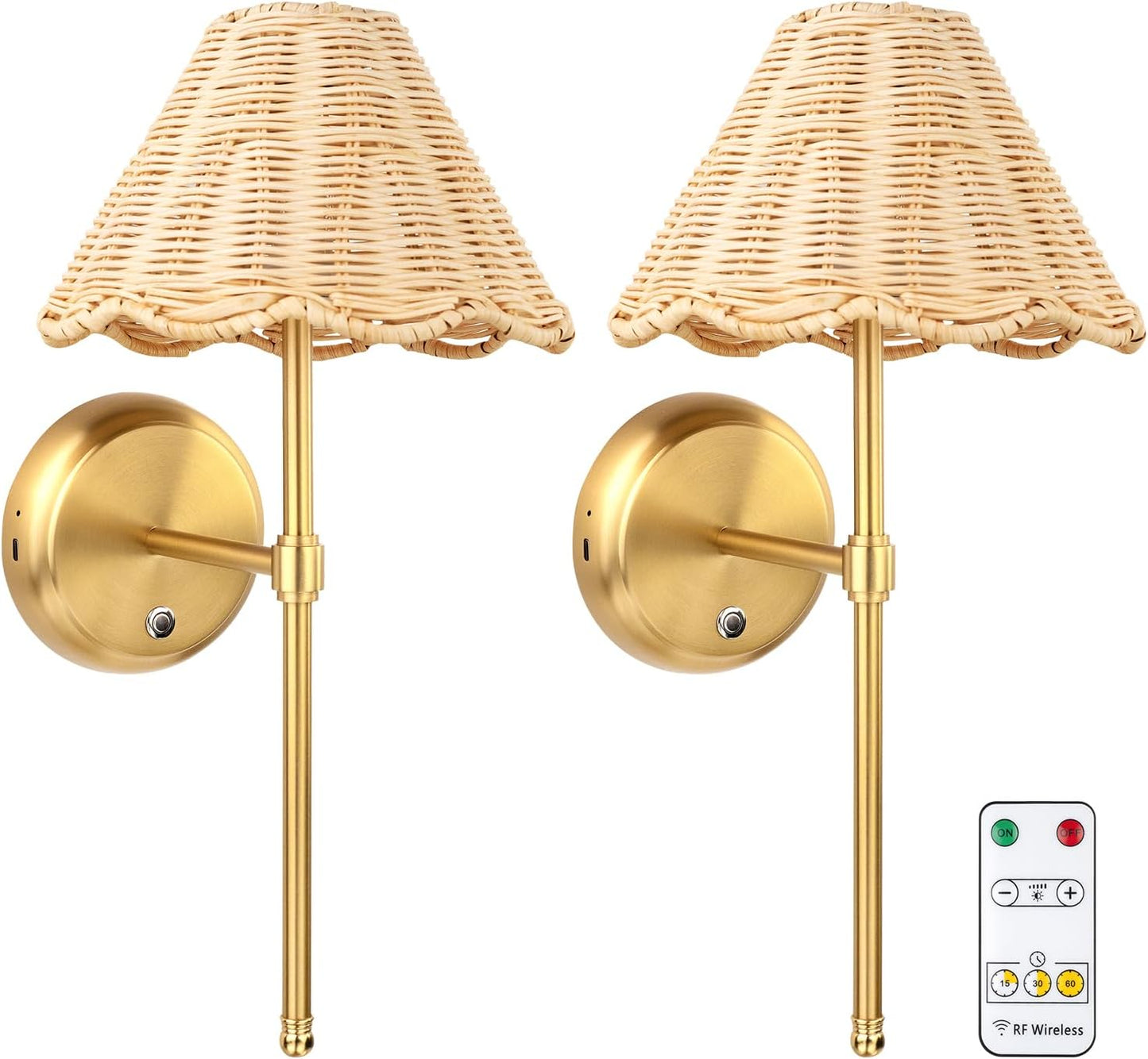 Battery Operated Boho Rattan Wall Sconce Set of 2, Stepless Dimming Magnetic Wall Lamp, 5200mAh Rechargeable Battery and Integrated LED, for Living Room Bedroom Hallway Corridor